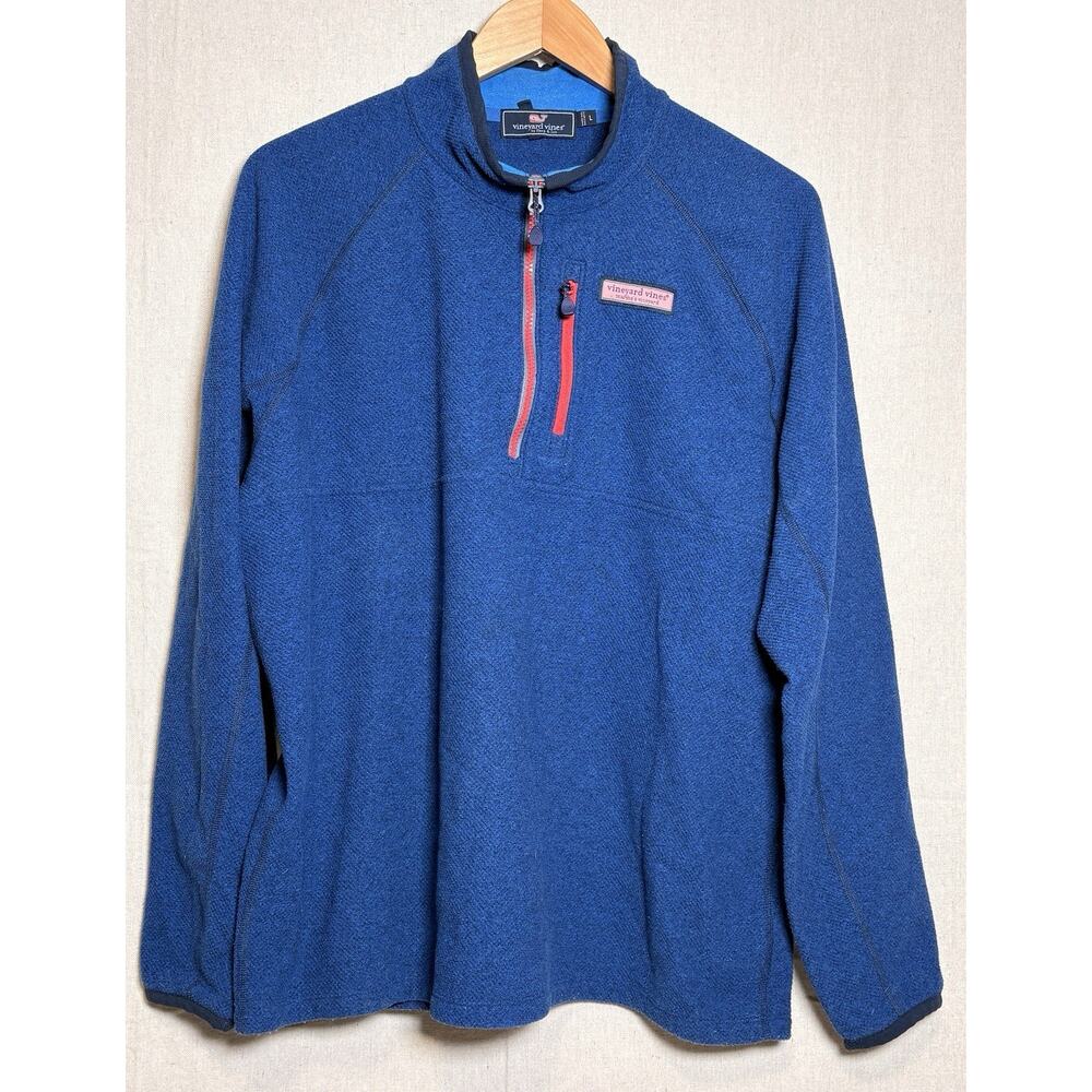 Vineyard Vines Men's Large Blue Mountain Sweater Fleece With Red Quarter‎ Zip